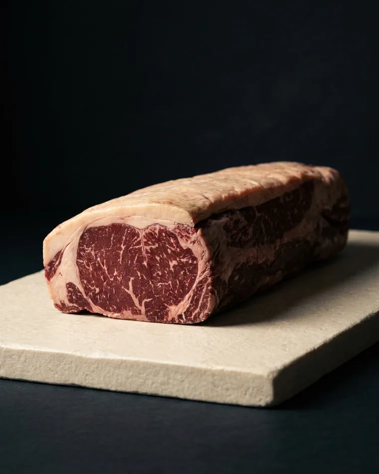 A whole strip loin, uncut, with one end trimmed to show the eye and the fat cap