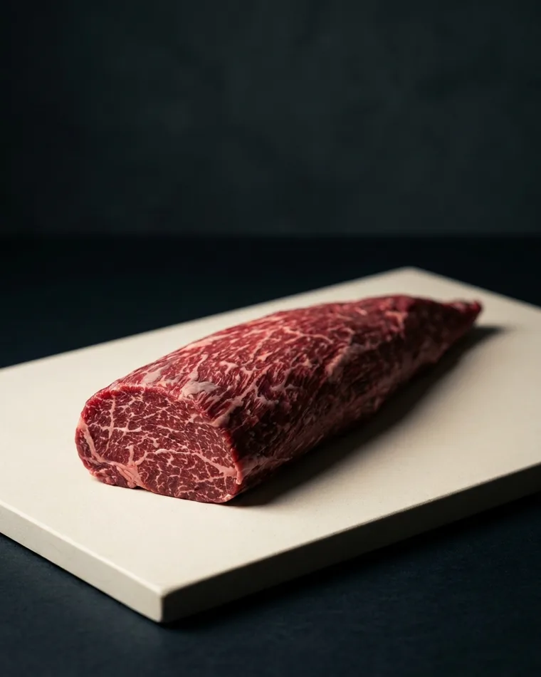 Whole tenderloin, raw, showing the cut and its marbling