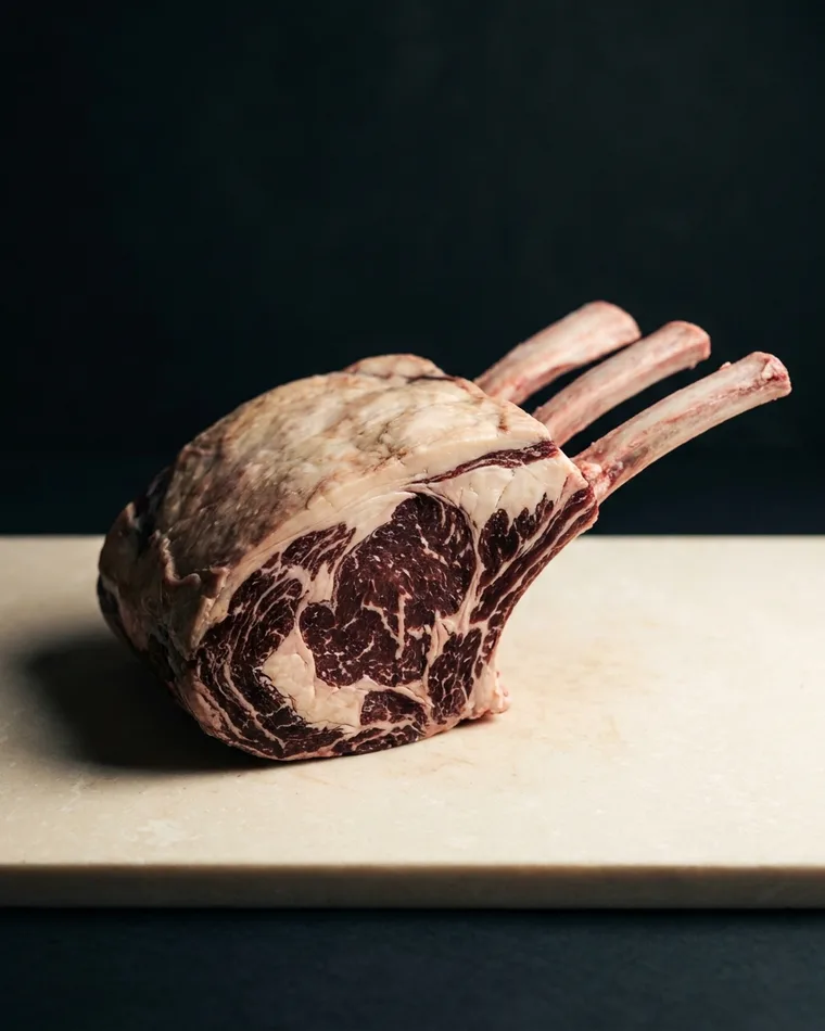 Whole tomahawk, raw, showing the cut and its marbling