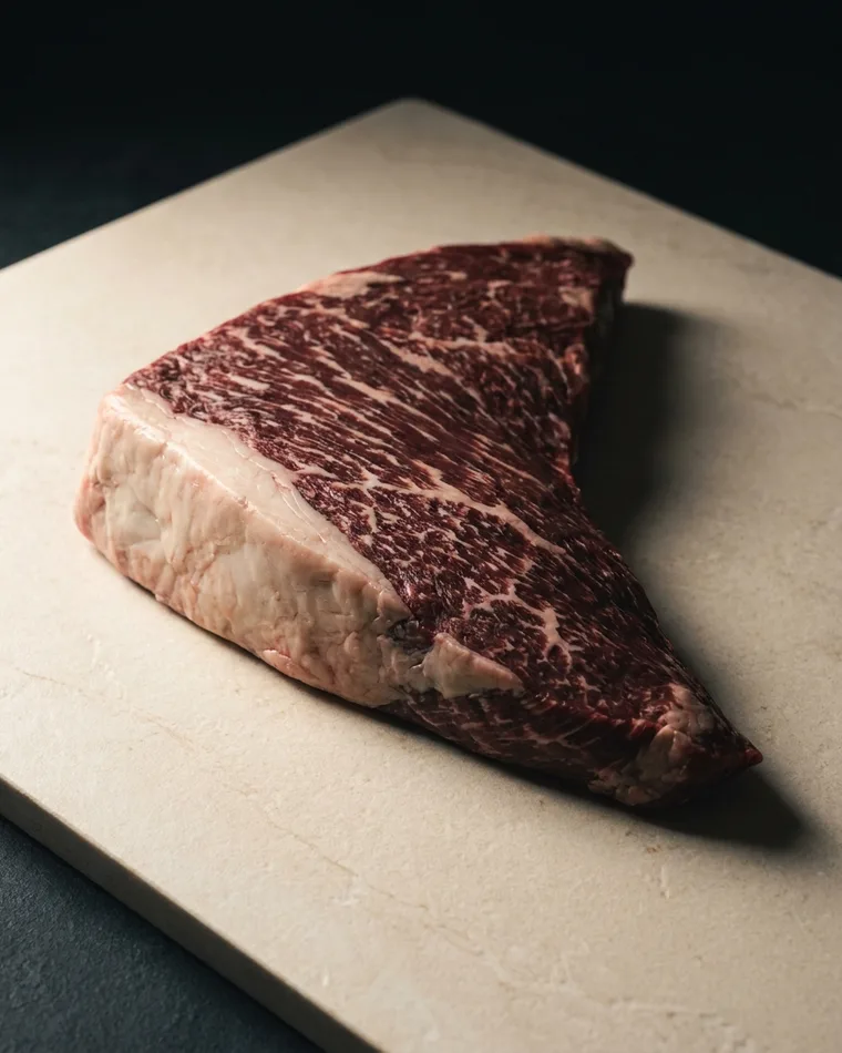 Whole tri tip, raw, showing the cut and its marbling