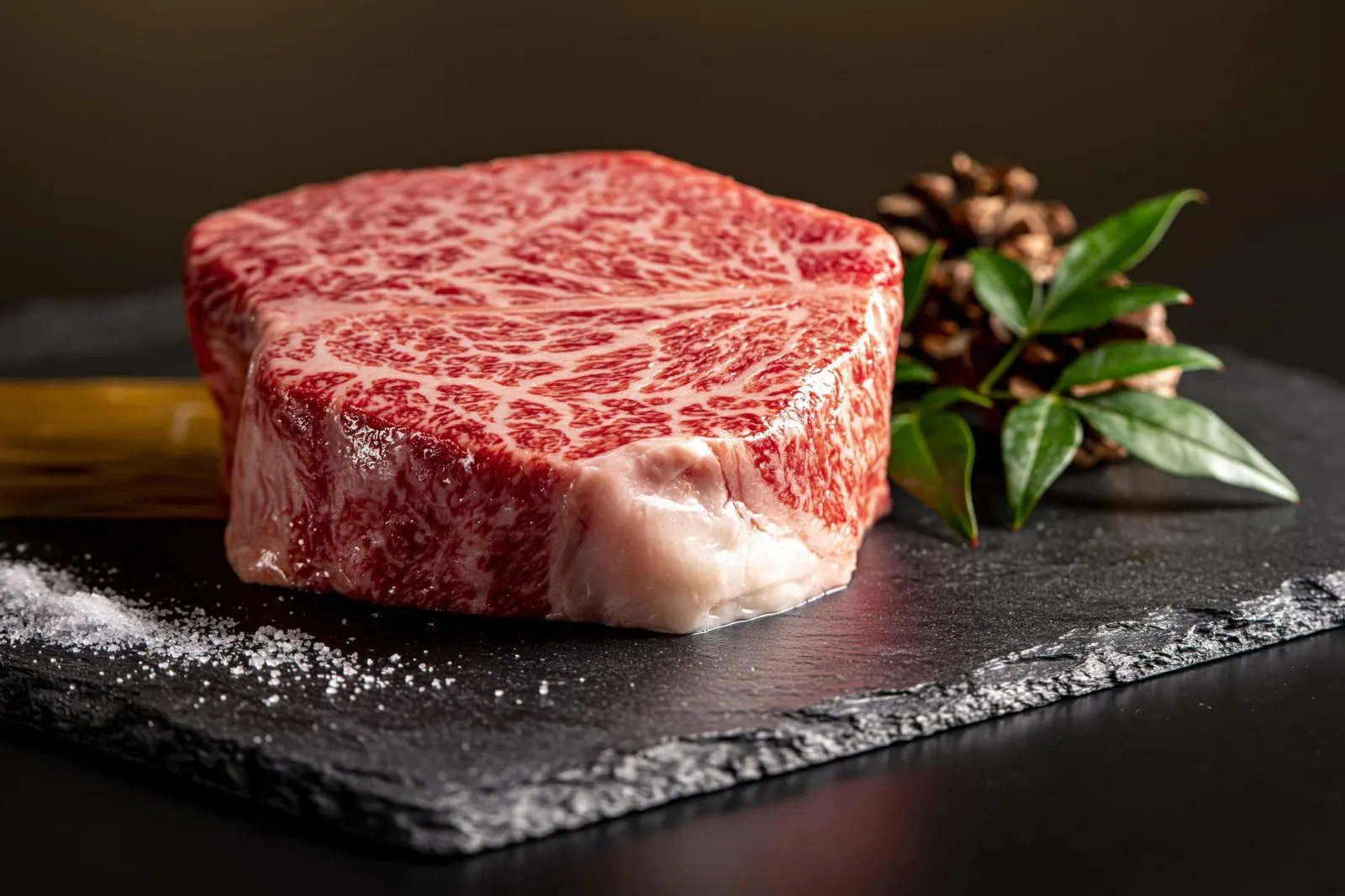 A thick raw marbled steak on dark slate with salt